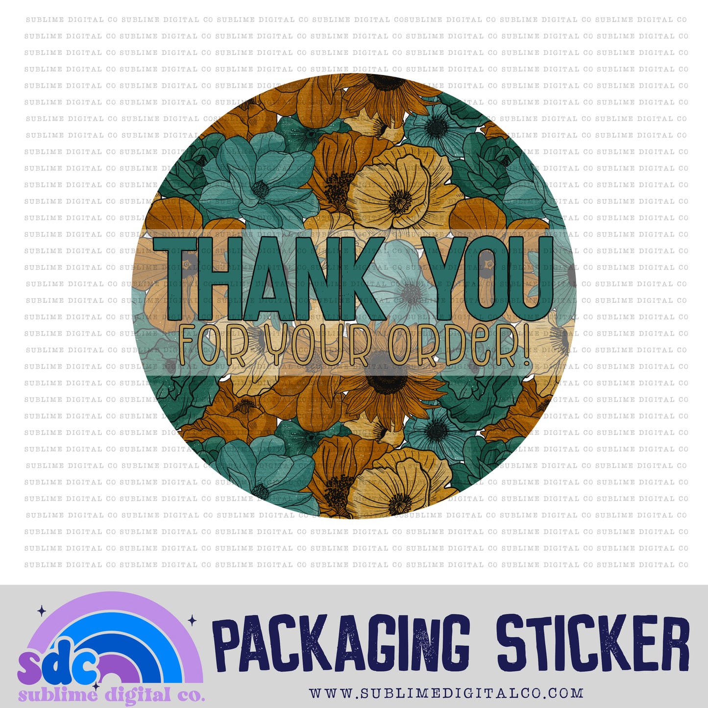 Thank You - Teal & Mustard Floral Circle | Print + Cut | Small Business Stickers | Digital Download | PNG File