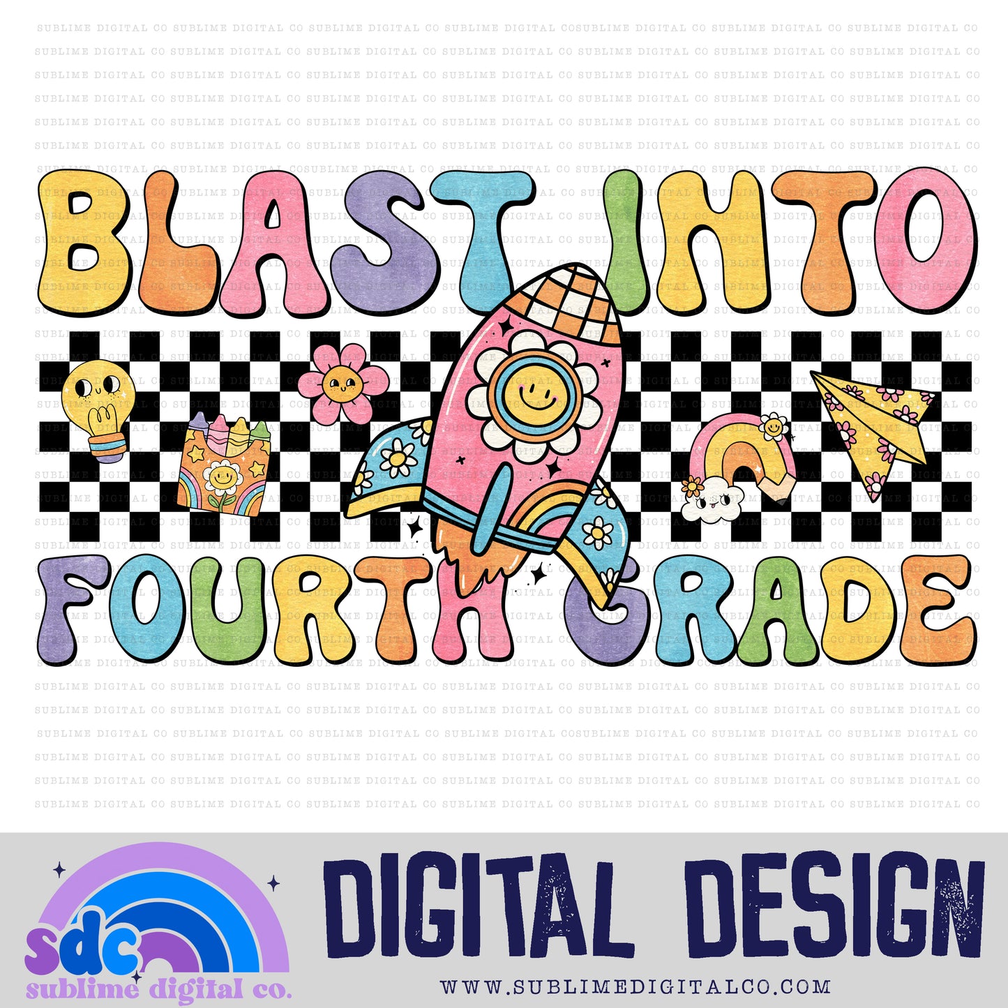 Blast Into Fourth Grade • Groovy School • School • Instant Download • Sublimation Design