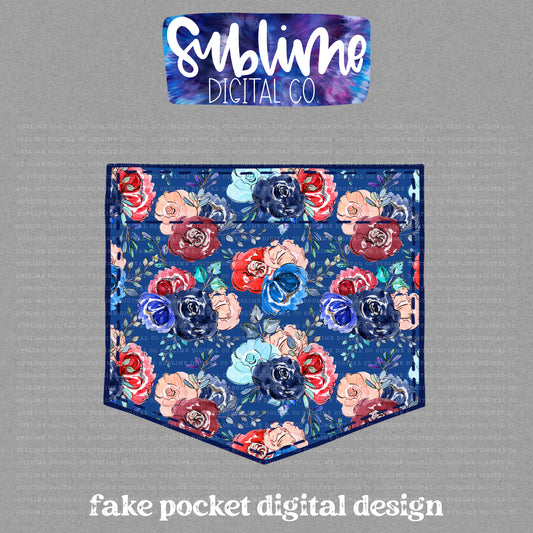 Red White & Blue Floral • Fake Pocket • Instant Download • Sublimation Design