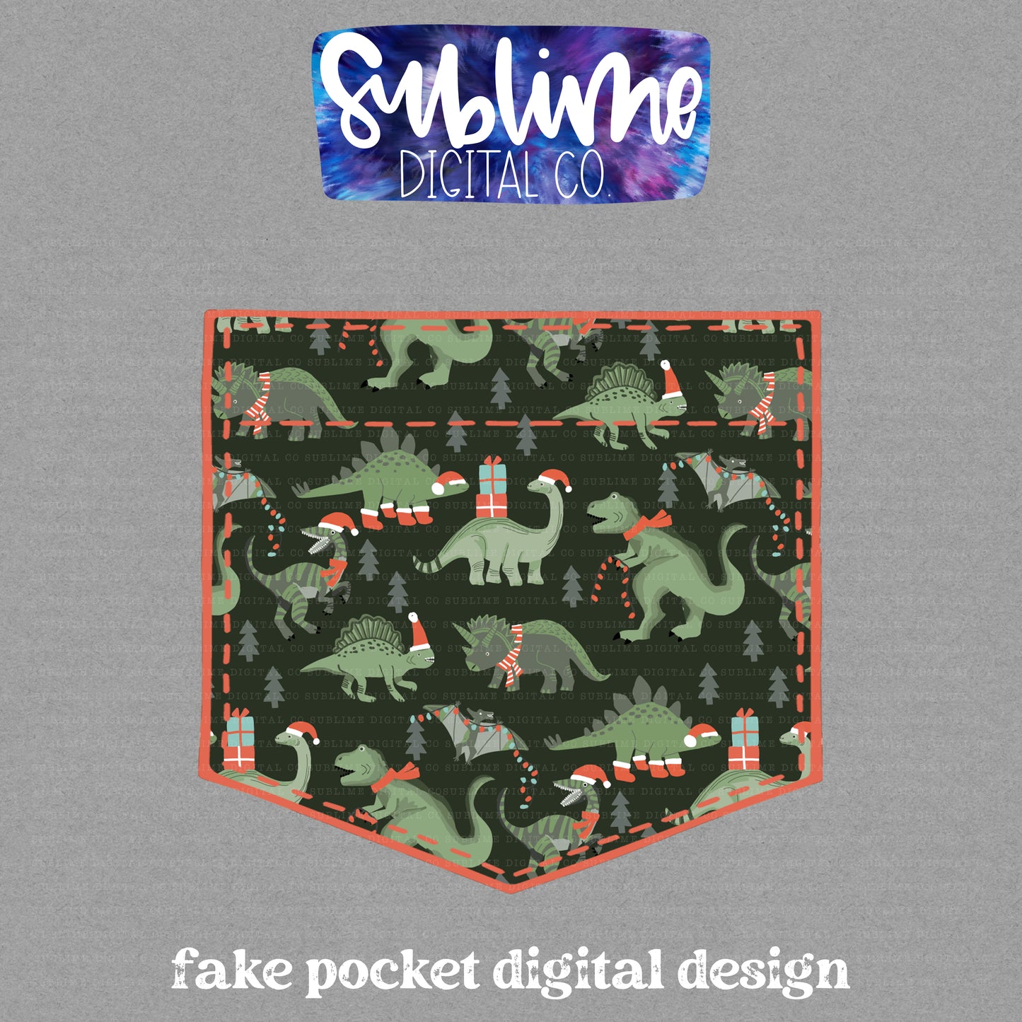 Christmas Dinosaurs • Fake Pocket • Instant Download • Sublimation Design