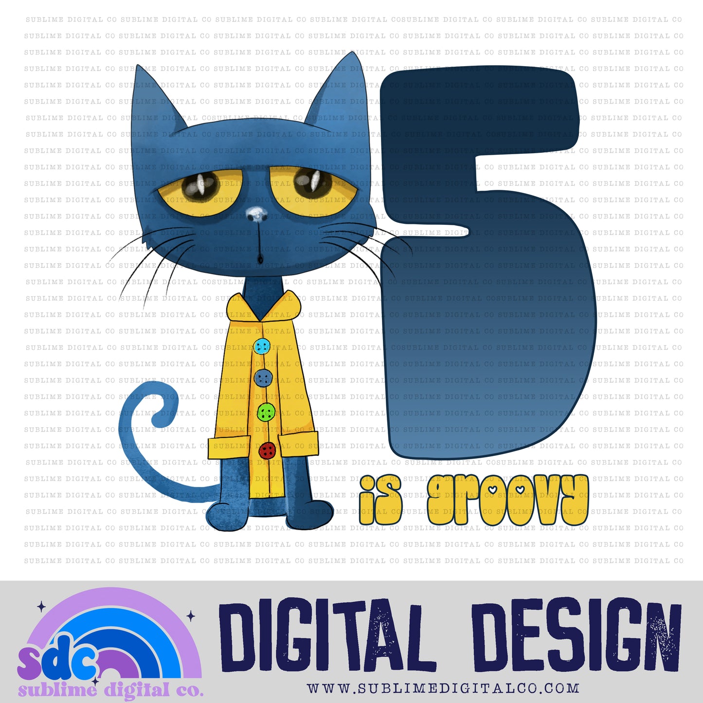 5th Birthday • Blue Cat • Instant Download • Sublimation Design