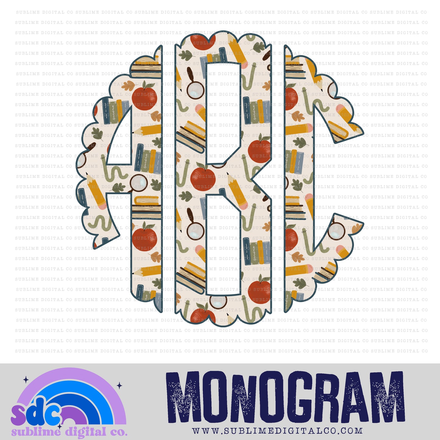 Bookworm - Scalloped Monogram | 26 PNG Files | Digital Download