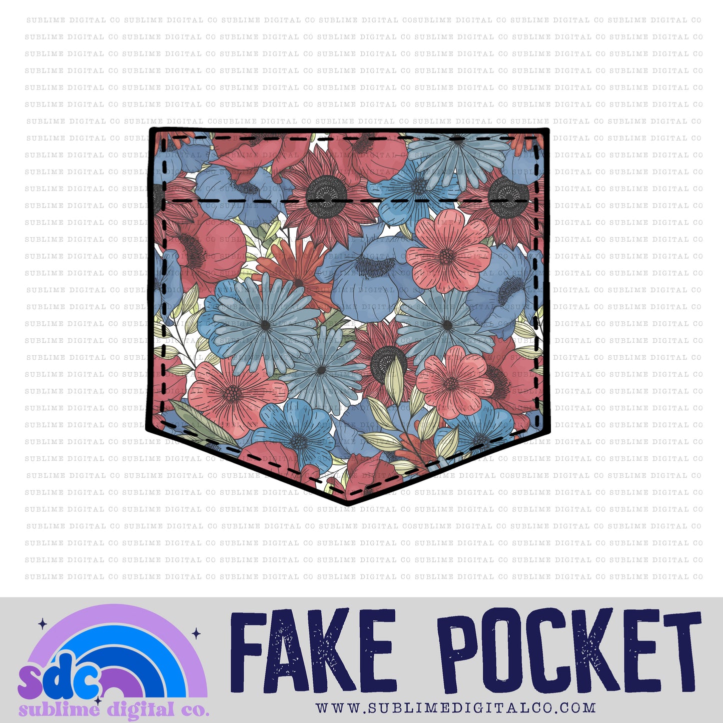 Muted Red Blue Floral • Fake Pocket • Instant Download • Sublimation Design