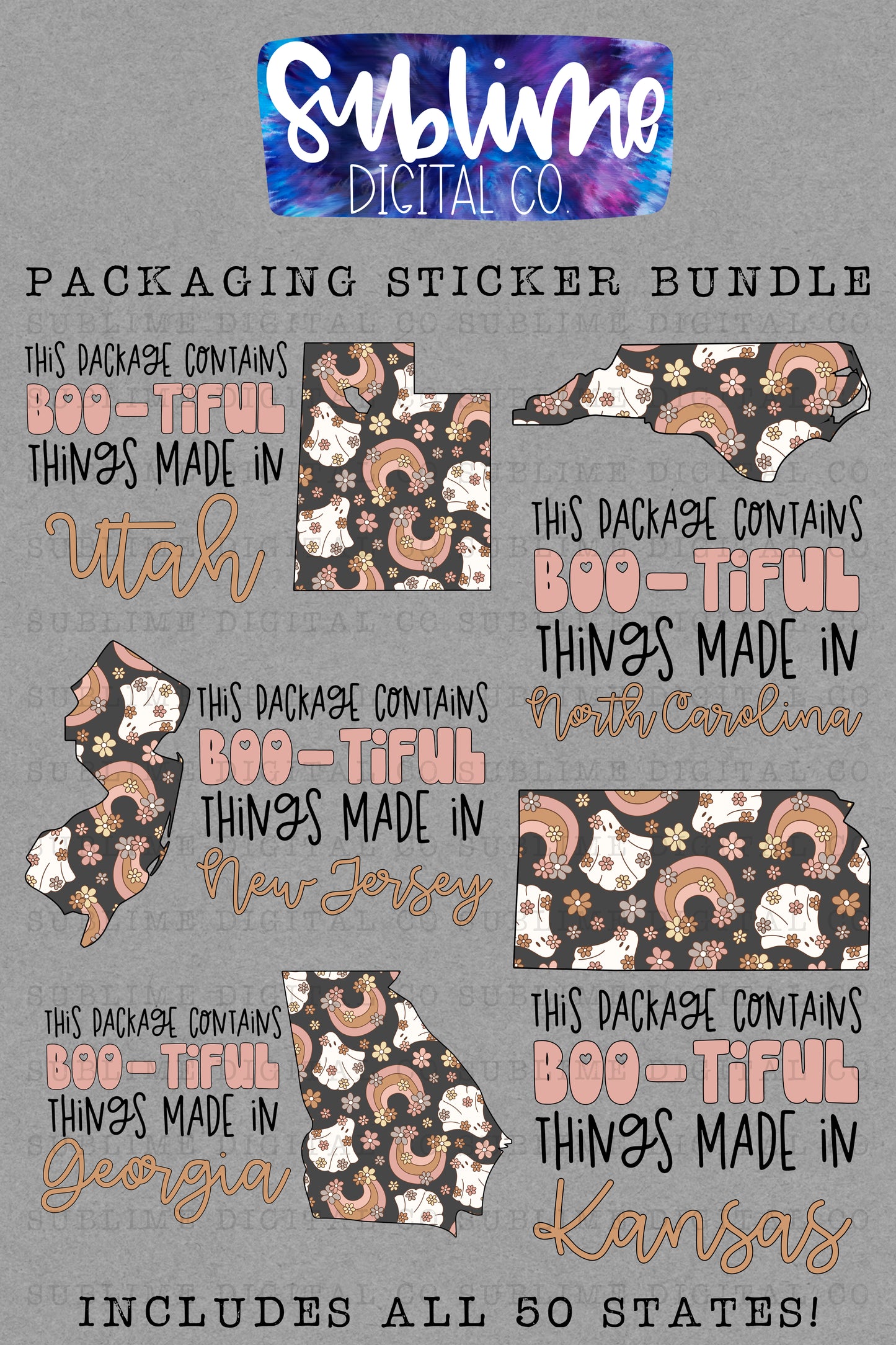 Rainbow Floral Ghost States Sticker Bundle | PNG Files | Digital Download