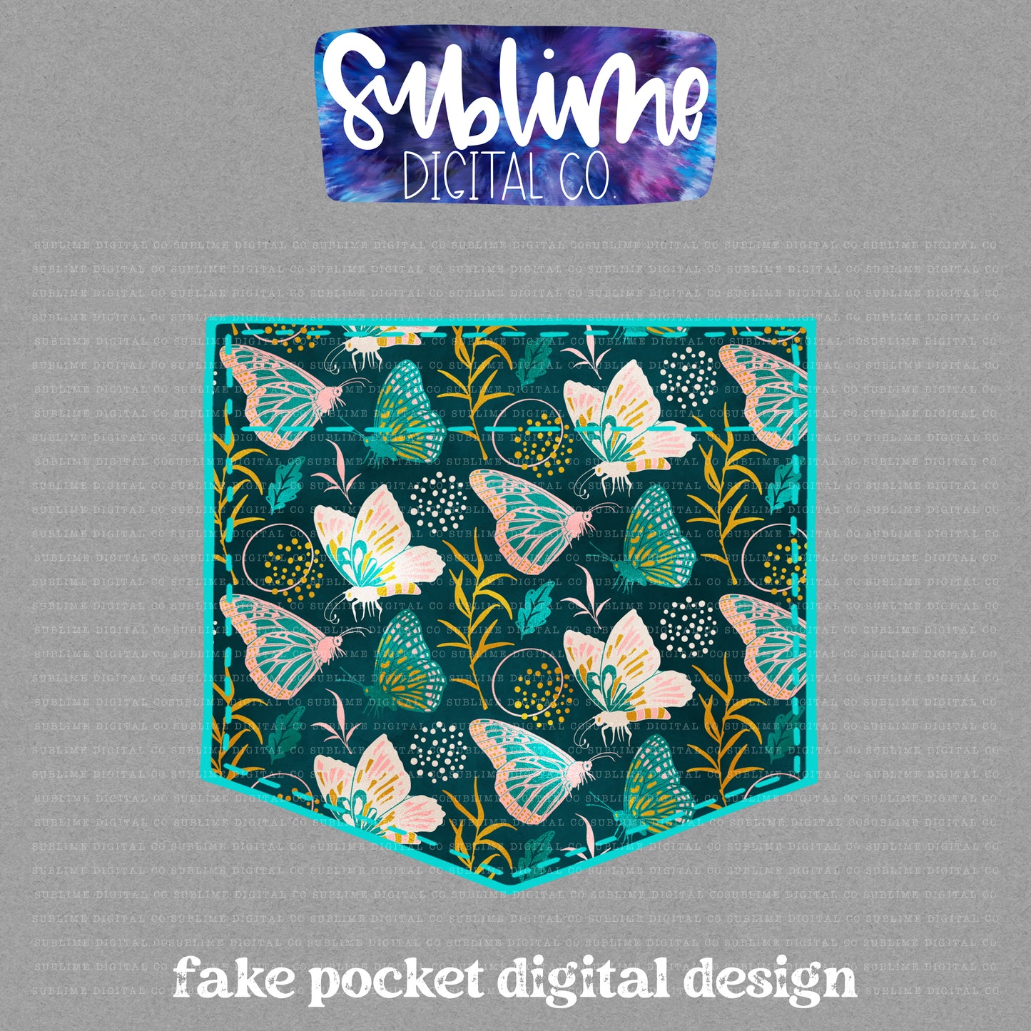 Teal & Gold Butterfly • Fake Pocket • Instant Download • Sublimation Design