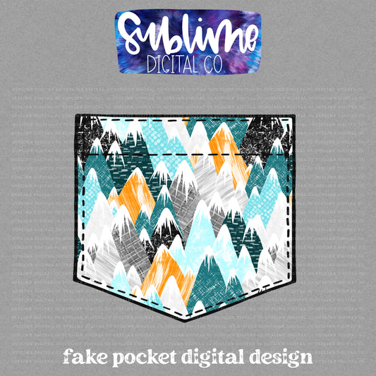 Blue & Orange Mountains • Fake Pocket • Instant Download • Sublimation Design