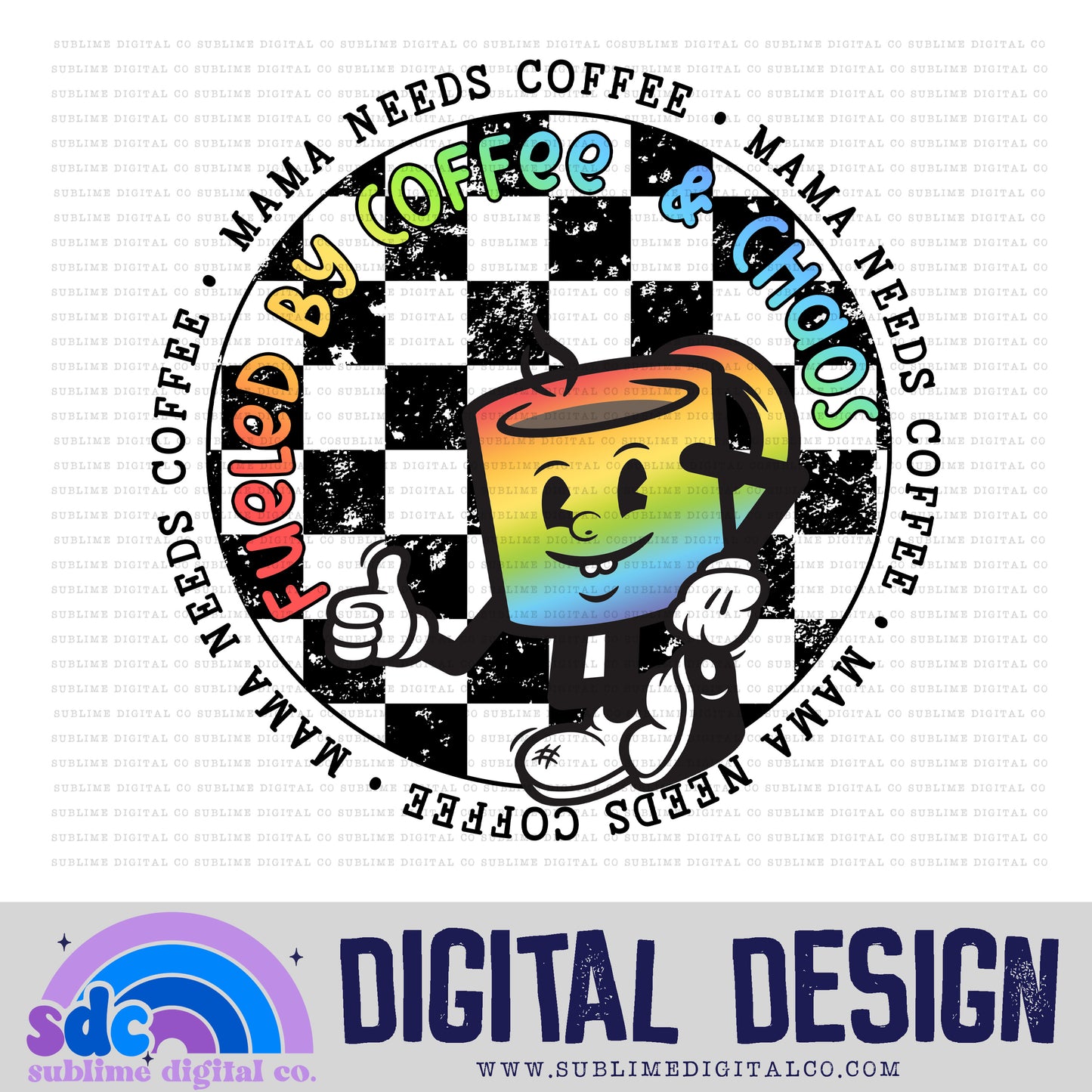 Mama Needs Coffee - Rainbow Mug • Retro Characters • Instant Download • Sublimation Design