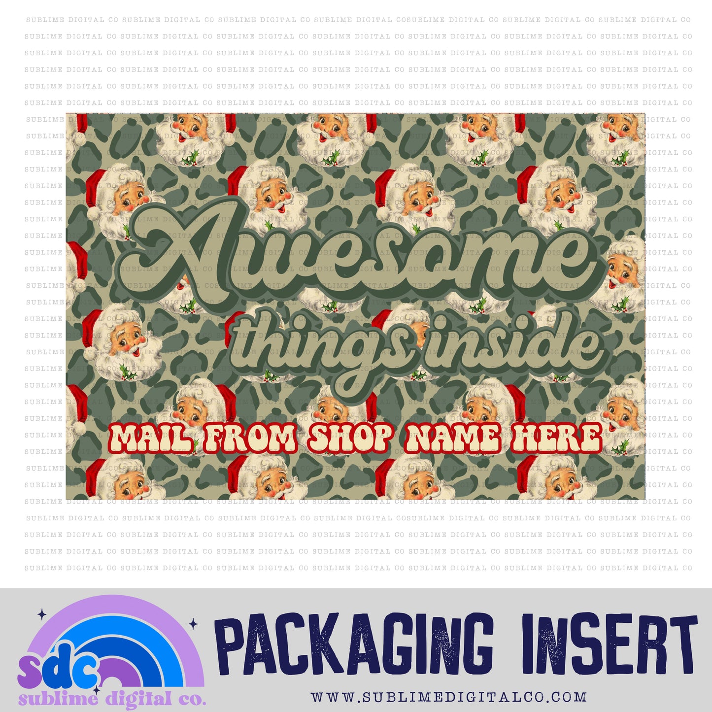 Awesome Things Inside • Leopard Santa • Custom Business Name Packaging Insert