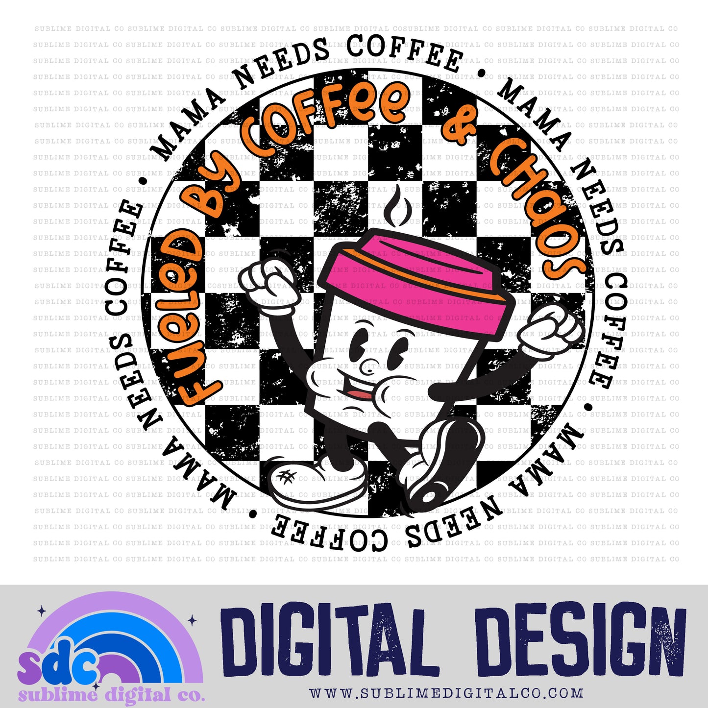 Mama Needs Coffee - Orange/Pink Lid • Retro Characters • Instant Download • Sublimation Design