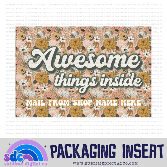 Awesome Things Inside • Pink & Gold Floral • Custom Business Name Packaging Insert