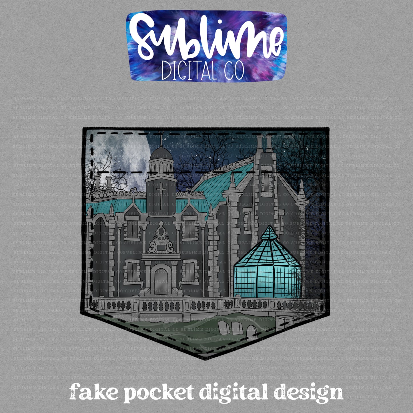 Spooky Mansion • Fake Pocket • Instant Download • Sublimation Design